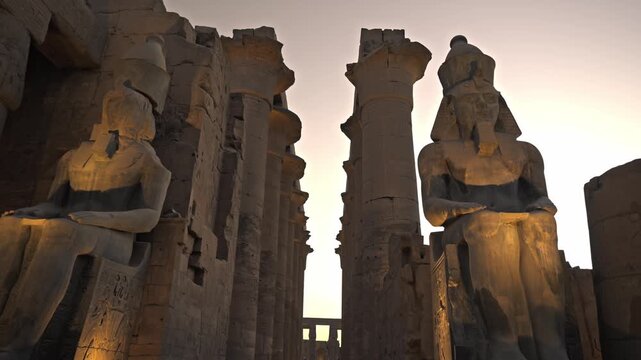 This image features two massive seated statues of Ramesses II located in the Court of Ramesses II on the East Bank of the Nile in Luxor Temple.