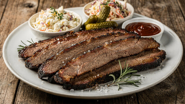 Smoked barbecue brisket platter with coleslaw pickles and sauce