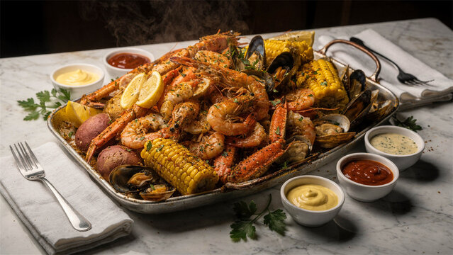 Steaming seafood boil platter with shrimp crab corn and mussels