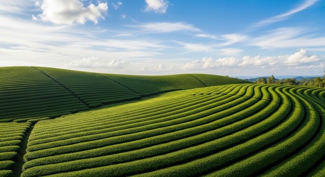 tea plantation landscape with rolling hills and blue sky