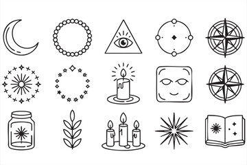 Esoteric and spiritual icon collection with tarot symbols celestial elements and candles © Icon Nest