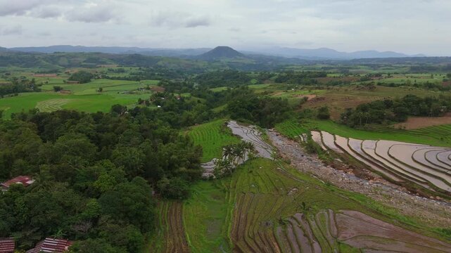aerial perspective of rice terraces and a natural riverbed nestled at the base of the mountains in Canlaon City, Negros Oriental, Philippines. Traditional farming landscape rice field 