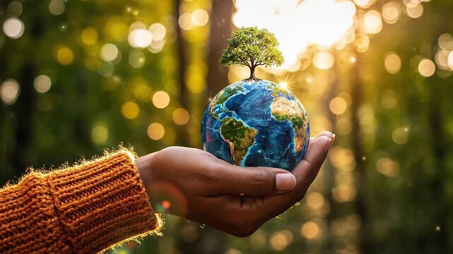 Close up of woman hands holding a small globe with a tree growing on top in a sunlit forest with green bokeh background in the summer