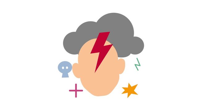 Bad mood 2d icon animation. A visual metaphor for a bad mood, showing a dark storm cloud hovering over the mind with symbols representing irritability and negativity.