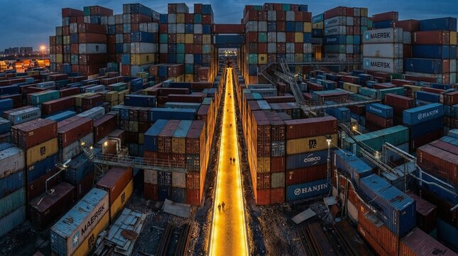 Vast shipping container yard illuminated by artificial lights at night with people walking on pathways creating a sense of industrial scale and human presence
