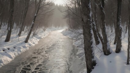 Obraz premium Winter scene of a misty river flowing through a snowy forest, bare trees line the banks