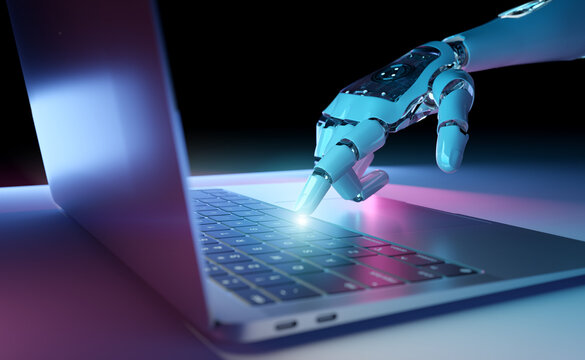 Robotic hand pressing a keyboard on a laptop. Cyborg fingers using a computer. 3D rendering