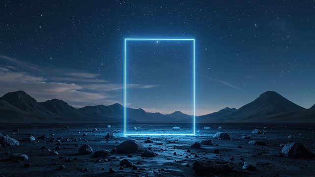 Glowing blue neon rectangle in a dark, rocky desert landscape