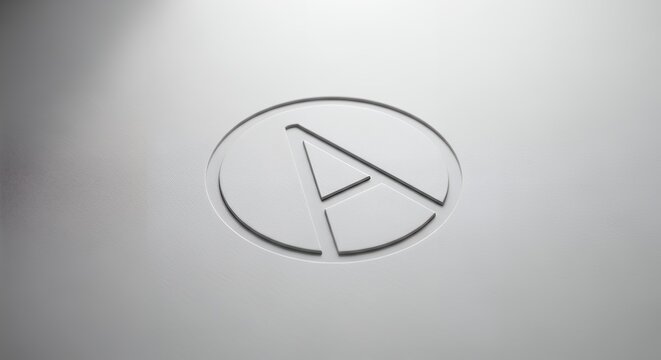 Minimalist letter A logo embossed on white paper, sleek corporate branding identity, modern 3D lettermark icon on textured light gray background