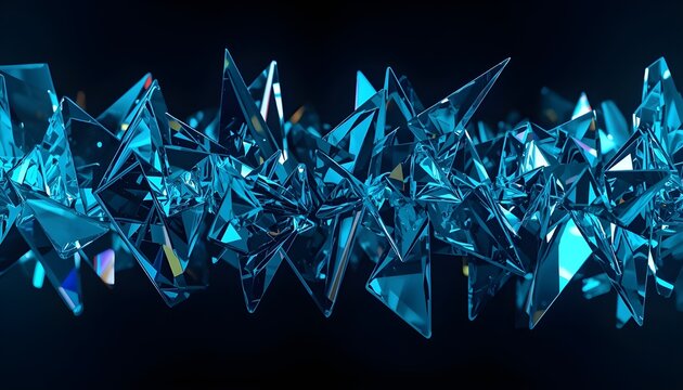 Abstract Futuristic Background of Glowing Blue Crystal Geometrical Geometric Shapes on Black