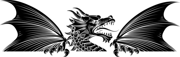 Naklejka premium A dragon sign banner illustration in a medieval vintage woodcut style