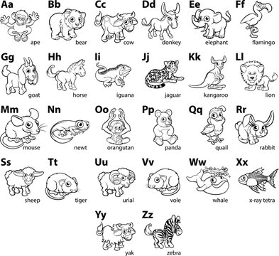 A cartoon animal alphabet letters language learning chart, can be used for coloring books etc.