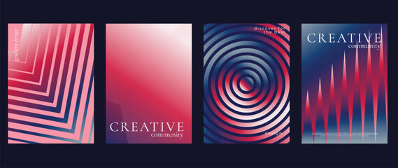 Naklejka na ściany i meble Abstract geometric cover design vector poster set with pink, magenta, and purple gradient lines on black background. Modern luxury layout collection for branding, presentation, wallpaper, packaging.