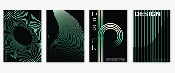 Fototapeta premium Abstract geometric line poster set vector with mint green gradient curves, rings, and striped compositions on black background. Modern minimal cover design collection for branding, presentation.