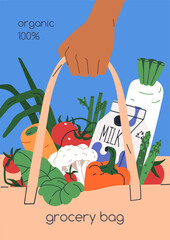 Hand holding eco kraft paper bag for sustainable shopping, card. Natural grocery plastic-free zero-waste packaging with healthy organic vegetables, food, poster design. Flat vector illustration