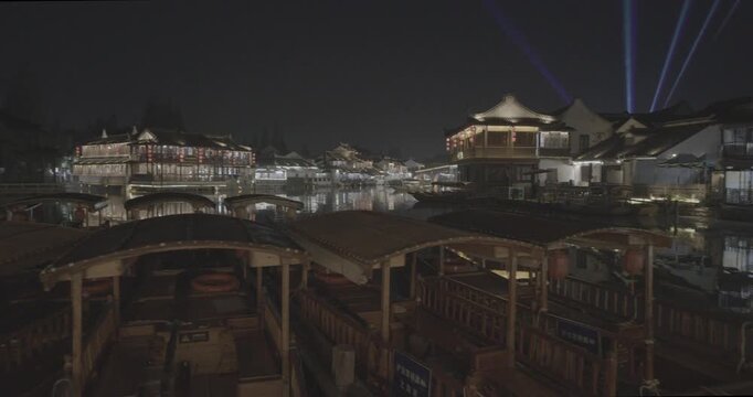 Elegant Traditional Architecture Lit Up by Festive Lights at Night. Zhujiajiao, Shanghai, China