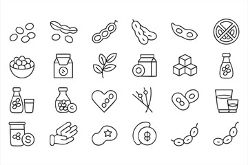Fototapeta premium Soybeans And Soy Products Outline Icon Set With Plant Based Protein