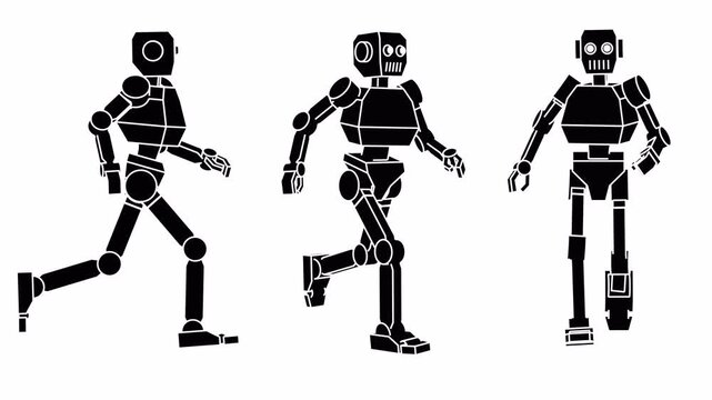 Pictogram style robot running. Side, front, and perspective angles. Minimal black silhouette robotic character with clean geometric design. Seamless Loop With Alpha Channel