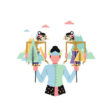 Indonesian Wayang Puppets Performed by a Dalang with Mountains Background
