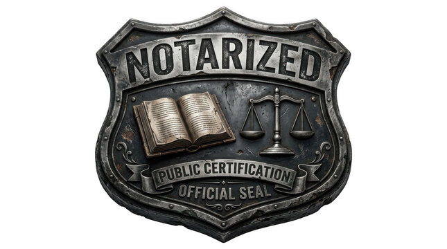 Weathered metallic shield badge featuring Notarized Public Certification and Official Seal with a legal book and scales of justice graphic on a dark b