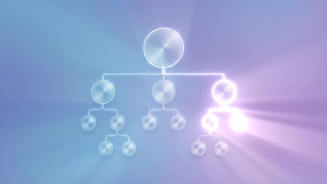 Hierarchical network structure featuring glowing nodes connected by lines symbolizing organization and data flow within futuristic technology design on soft blue and purple gradient background