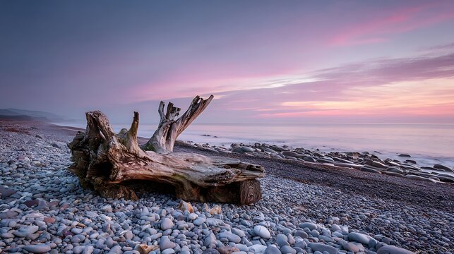 Weathered driftwood on rocky beach at sunset rocks pink