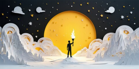 Fototapeta premium Papercraft scene depicts lone figure holding torch before large moon, stars, mountains. Dramatic lighting creates surreal landscape.