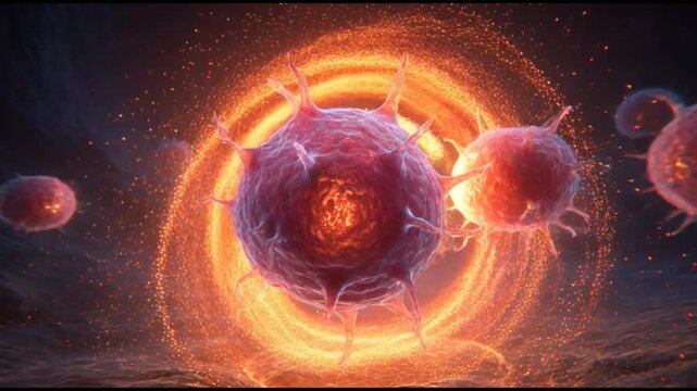 Futuristic virus cell infection microbiology pathogen disease science biology medicine pandemic concept, glowing pathogen particle outbreak contamination, microscopic immune cell medical research