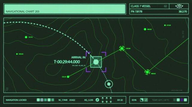 Futuristic heads-up display showing tactical map movement and countdown timer motion