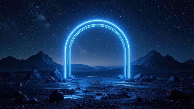 Blue neon glowing arch on a rocky alien landscape under starry night sky