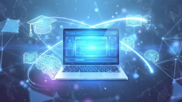 Digital education concept featuring laptop, glowing brain icons, graduation cap, and open book symbols connected by light trails, representing online learning technology and knowledge integration