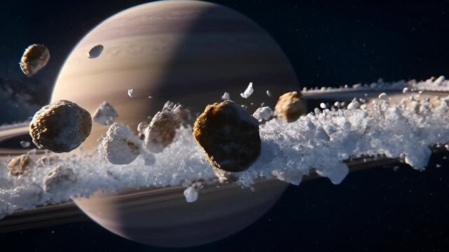 Cosmic view of planet with rings and celestial bodies in dark space