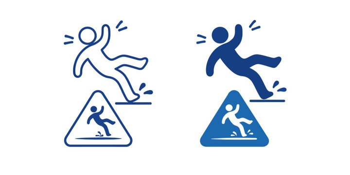 A warning sign illustration of a person slipping and falling on a caution triangle.