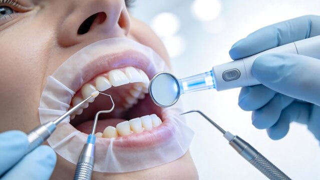 Close-up of dentist hands with mouth mirror for Preventative Health Audit illustrating Proactive Wellness Care for Healthcare Provider Website.