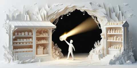 Fototapeta premium Papercraft scene depicts shops flanking cave entrance. Figure illuminates interior with light source. Minimalist style, monochromatic palette.