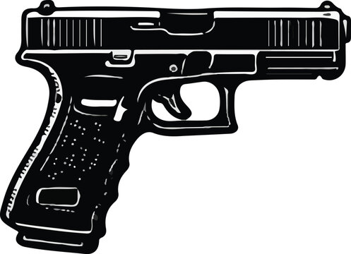 Black and White Handgun Pistol Silhouette Vector Illustration Clip Art Icon Tactical Firearm Revolver Semi-Auto Glock Style