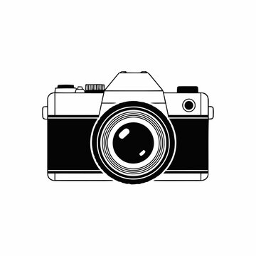 A vintage single lens reflex camera outline is presented as a black and white graphic icon with a large central lens.