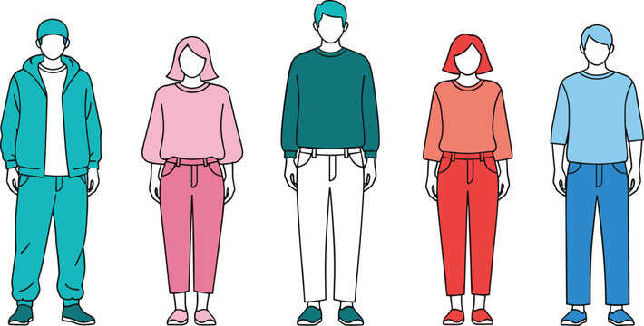 Faceless people standing in casual outfits modern flat illustration diverse men and women simple clothing style minimal character design