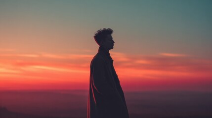Fototapeta premium Silhouette of a Person Standing Against a Sunset Sky During Evening Hours Conveying a Sense of Emotional Freedom and Self-Discovery