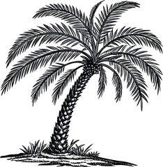 A detailed, high-contrast illustration of a palm tree against a stark white background. The palm tree is the central subject, depicted in black ink, featuring intricate details of the fronds and trunk © joyrun12