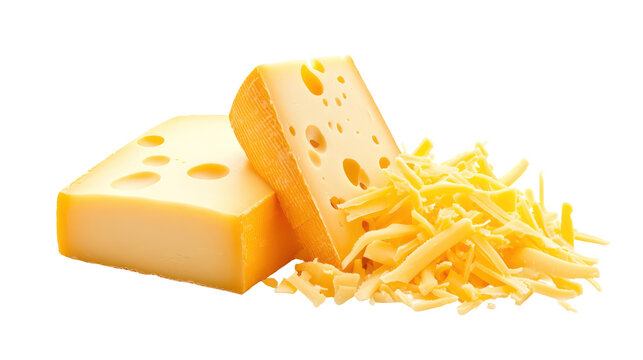 Two blocks of cheese and shredded cheese on transparent background