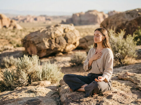 Young woman meditating lotus pose with hand on chest, desert landscape in the background. Mindfulness and self care concept. 