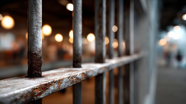 Rusty metal bars of a prison cell with blurred background lights and out-of-focus figures, creating a somber atmosphere in an industrial setting