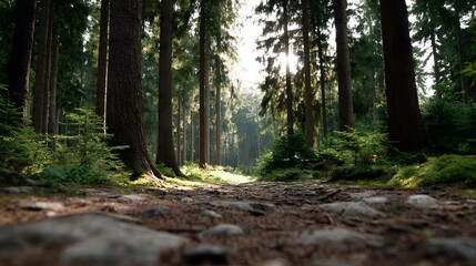 Obraz premium A sunlit forest path with d d light filtering through tall trees and mossy ground