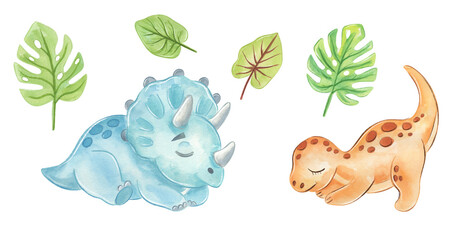 Watercolor Cute triceratops sleeping in pastel watercolor setting © NATALIA