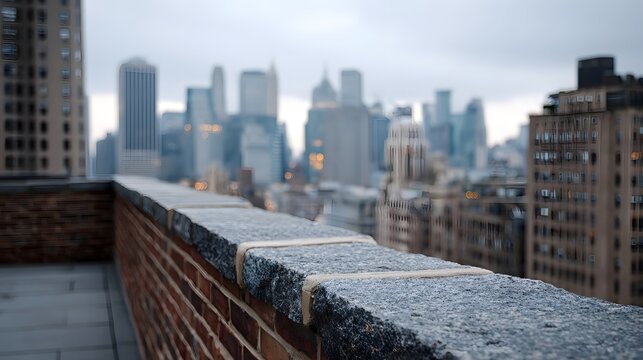 A textured brick and granite parapet on a rooftop overlooks a blurred city skyline under an overcast sky