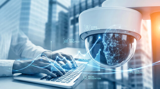 AI security camera with facial recognition, cyber security and data analytics icons on laptop screen. 