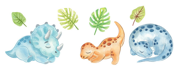 Watercolor Cute triceratops sleeping in pastel watercolor setting © NATALIA