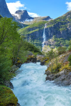 glacial river, waterfall in Briksdalen, Norway