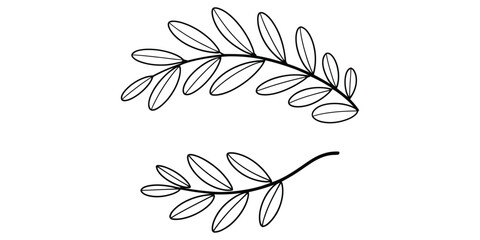 Minimalist hand drawn black and white illustration of two curved leafy branches with small leaves © JoyChandra